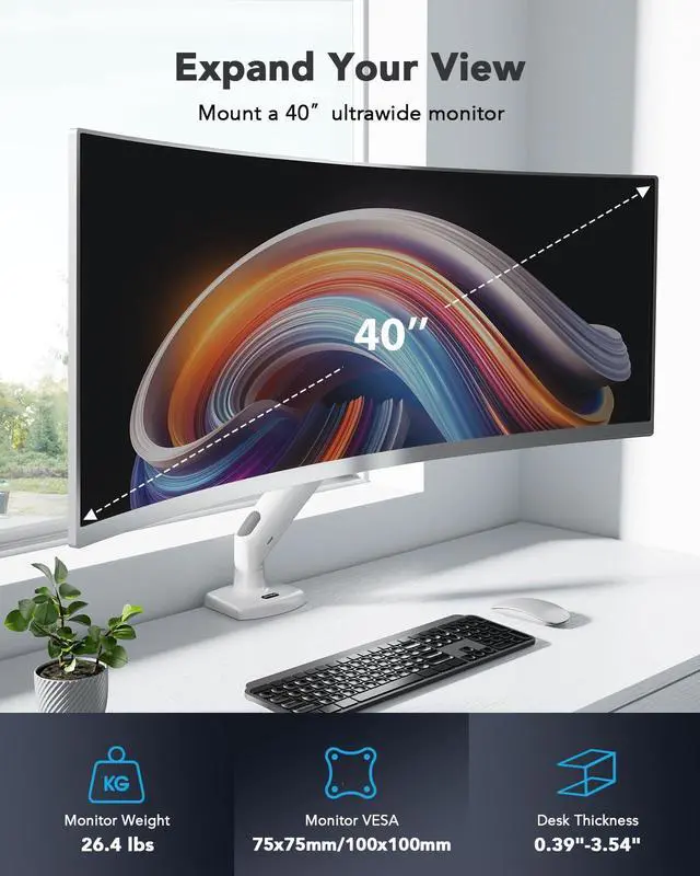 Alt view image 3 of 5 - HUANUO Single Monitor Arm for 40 inch Screens, Ultrawide Computer Monitor Mount Holds 26.48 lbs, Upgraded Adjustable Stand with USB, C-Clamp & Grommet Base, VESA 75x75 or 100x100mm