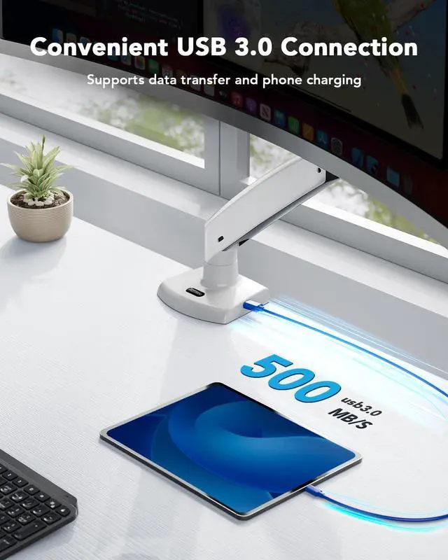 Alt view image 4 of 5 - HUANUO Single Monitor Arm for 40 inch Screens, Ultrawide Computer Monitor Mount Holds 26.48 lbs, Upgraded Adjustable Stand with USB, C-Clamp & Grommet Base, VESA 75x75 or 100x100mm