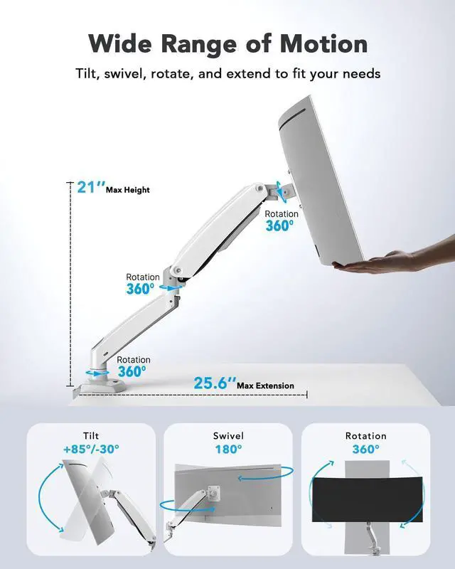 Alt view image 2 of 5 - HUANUO Single Monitor Arm for 40 inch Screens, Ultrawide Computer Monitor Mount Holds 26.48 lbs, Upgraded Adjustable Stand with USB, C-Clamp & Grommet Base, VESA 75x75 or 100x100mm
