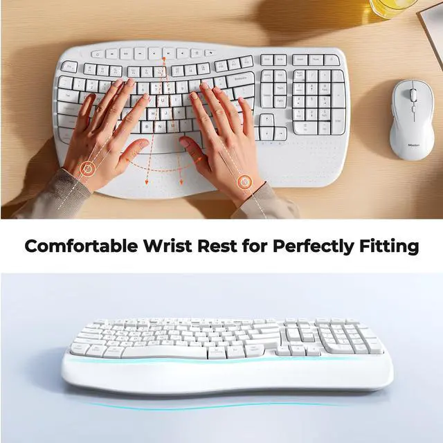 Alt view image 3 of 5 - MEETION New Ergonomic Keyboard and Mouse Wireless Combo, Wave Keys Natural Typing, 2.4G Wireless Keyboard with Wrist Rest, 4 Adjustable DPI Optical Mouse, Computer/Laptop/Windows/Mac, White