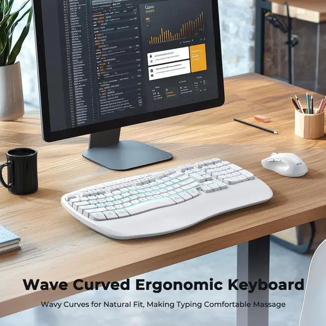 Alt view image 2 of 5 - MEETION New Ergonomic Keyboard and Mouse Wireless Combo, Wave Keys Natural Typing, 2.4G Wireless Keyboard with Wrist Rest, 4 Adjustable DPI Optical Mouse, Computer/Laptop/Windows/Mac, White