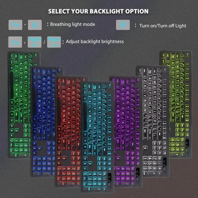 Alt view image 5 of 5 - Backlit Large Print Wireless Keyboard and Mouse Combo, 2.4G Full Size Keyboards with Light Up Large Keys, Oversize Letters Keys Easy to See and Type, Quiet Keyboard Mouse for Windows, Laptop, PC