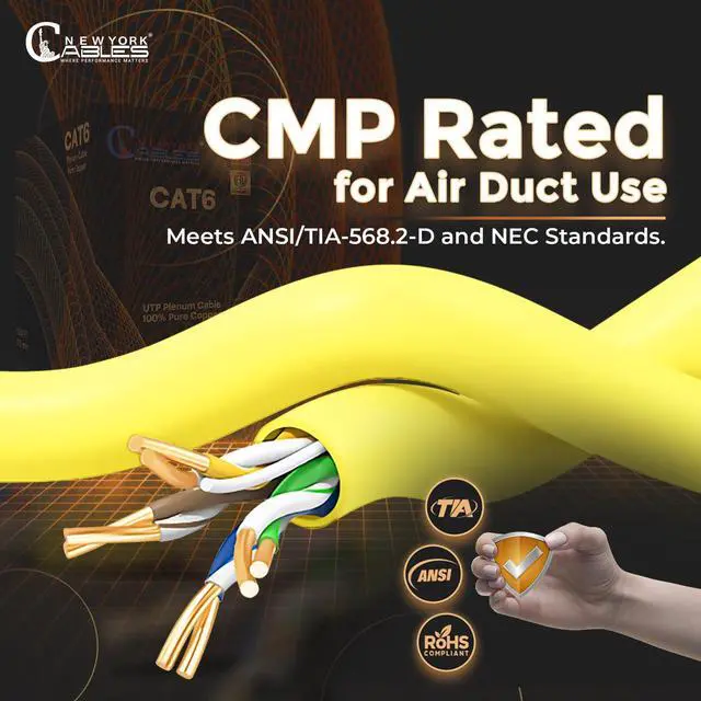 Alt view image 3 of 5 - NewYork Cables | CAT6 Plenum Cable 1000ft Yellow | UL & ETL Listed CMP, 100% Pure Copper, UTP, 550MHz, 23AWG 4Pair 10GB, PoE++ | Most Certified Plenum-Rated Fire-Resistant Bulk Cat 6 Ethernet Cable
