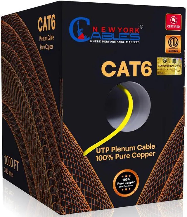 Main image of NewYork Cables | CAT6 Plenum Cable 1000ft Yellow | UL & ETL Listed CMP, 100% Pure Copper, UTP, 550MHz, 23AWG 4Pair 10GB, PoE++ | Most Certified Plenum-Rated Fire-Resistant Bulk Cat 6 Ethernet Cable