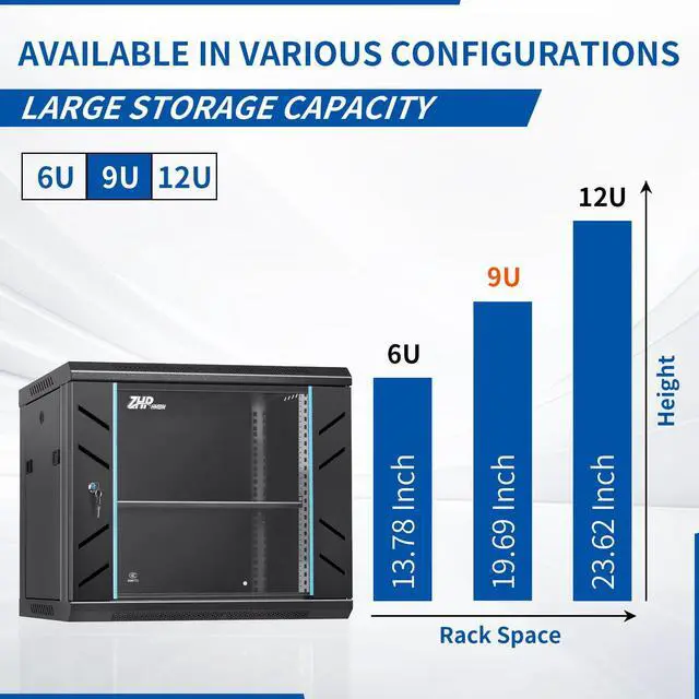 Alt view image 2 of 5 - ZHPHMBM 9U Wall Mount Server Cabinet with Lockable Door Heavy Duty IT Network Rack Enclosure for Data Centers & Network Equipment