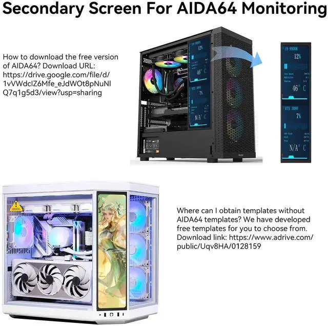 Alt view image 4 of 5 - 11.26" Mini Monitor FHD 1920x440 PC Case LCD Screen IPS Panel with HDMI & Type-C for CPU GPU Temperature Display, Aida64 PC Case Monitor Raspberry Pi & Laptop