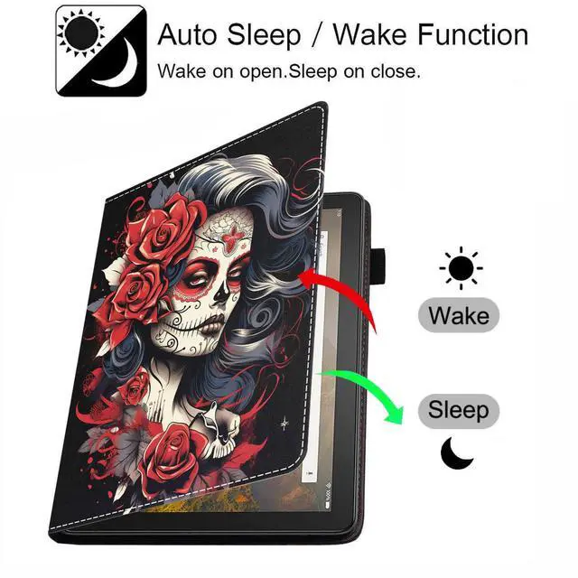 Alt view image 3 of 5 - ERWYTYIOI Case for Amazon Kindle Fire HD 10 Tablet 10.1" (9th/7th Generation, 2019/2017 Release), Slim PU Leather Stand Cover with Card Slot & Auto Wake/Sleep, Sugar Skull Girl Roses