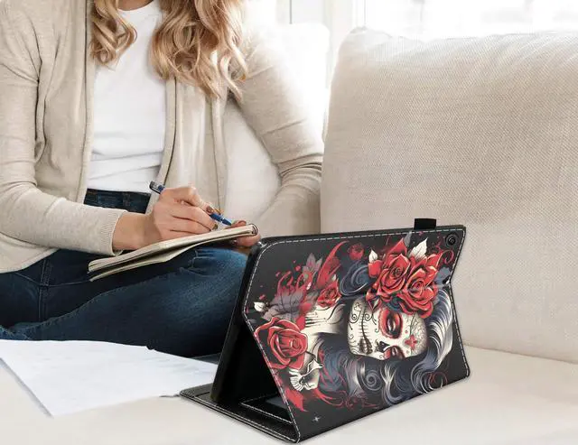 Alt view image 4 of 5 - ERWYTYIOI Case for Amazon Kindle Fire HD 10 Tablet 10.1" (9th/7th Generation, 2019/2017 Release), Slim PU Leather Stand Cover with Card Slot & Auto Wake/Sleep, Sugar Skull Girl Roses