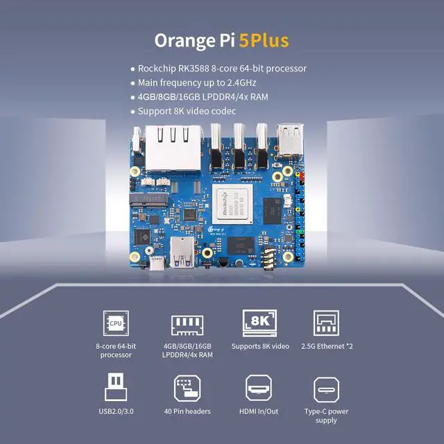 Alt view image 3 of 5 - Orange Pi 5 Plus 8GB LPDDR4/4x Rockchip RK3588 8-Core 64-Bit Single Board Computer with 64GB eMMC Module, Development Board Run Orange Pi/Linux/Ubuntu/Debian/Android OS (8GB+64GB eMMC+Power Supply)