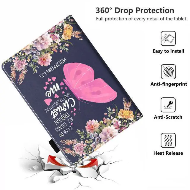 Alt view image 5 of 5 - Case for All-New Kindle Fire HD 10 & 10 Plus Tablet 10.1" (13th/11th Generation, 2023/2021 Release),PU Leather Folio Case with Smart Auto Wake/Sleep,Floral Butterfly Quote Bible Verse Philippians 4:13