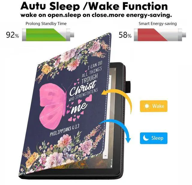 Alt view image 3 of 5 - Case for All-New Kindle Fire HD 10 & 10 Plus Tablet 10.1" (13th/11th Generation, 2023/2021 Release),PU Leather Folio Case with Smart Auto Wake/Sleep,Floral Butterfly Quote Bible Verse Philippians 4:13