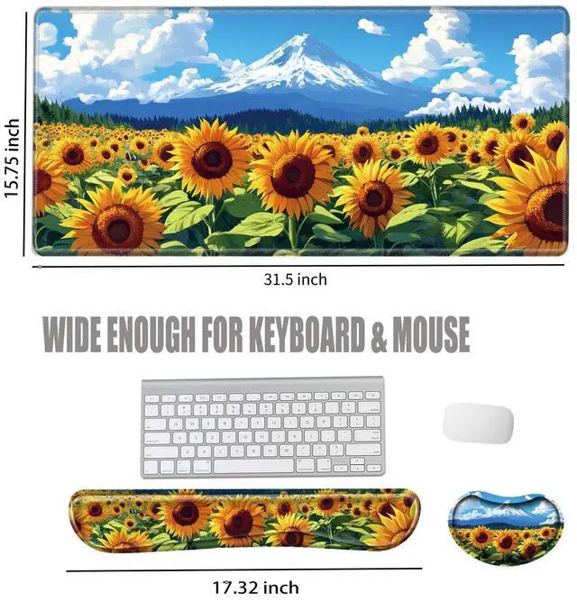 Alt view image 2 of 5 - Sunflower Mouse Pad and Keyboard Wrist Rest Flower Desk Mat Set Gaming Mousepad with Wrist Support XXL Computer Mat 31.5" x 15.75" Mouse Mat Organization Decor