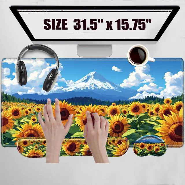 Main image of Sunflower Mouse Pad and Keyboard Wrist Rest Flower Desk Mat Set Gaming Mousepad with Wrist Support XXL Computer Mat 31.5" x 15.75" Mouse Mat Organization Decor