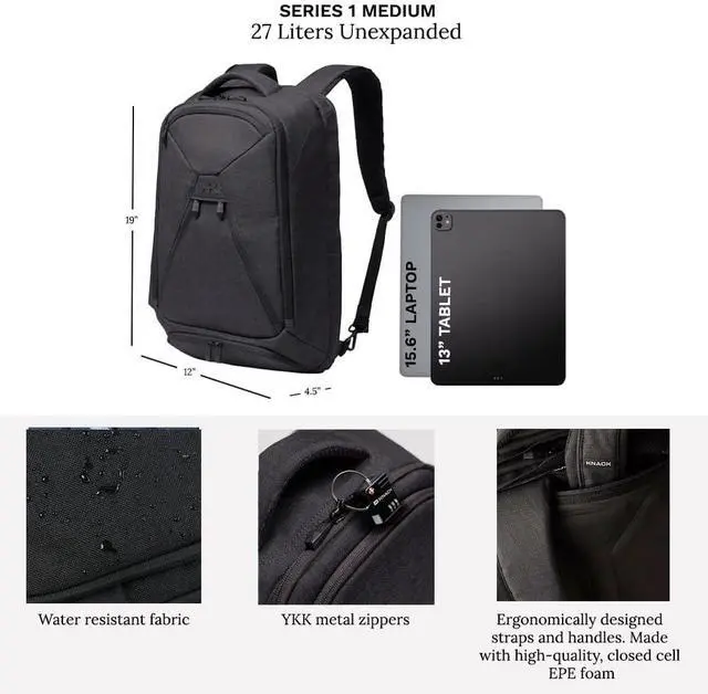 Alt view image 4 of 5 - Knack Series 1 Laptop Backpack Travel Set Fits up to 15 Inch - Includes Expandable Packing Insert, and Knack's Insulated Bottle, TSA Approved, Expandable Travel Backpacks (Black, Medium)