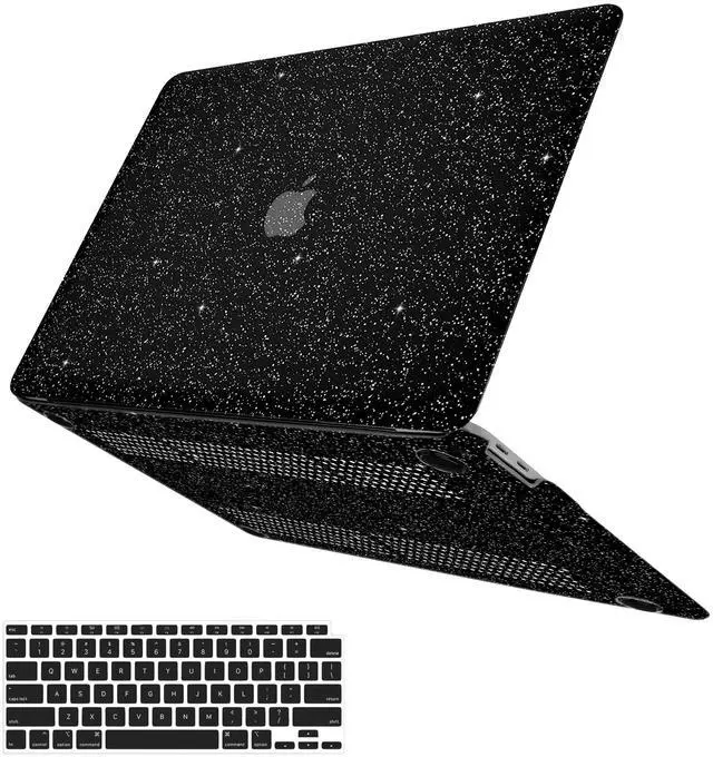 Main image of iPAPA Compatible with MacBook Air 13 inch Case 2021 2020 2019 2018 A2337 M1 A2179 A1932 Touch ID, Glitter Smooth Leather Hard Shell + Keyboard Cover for MacBook Air 13.3 inch Case, Shining Black