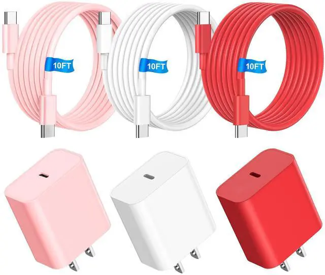 Main image of Riofxqin i Phone Charger Fast Charging, 3Pack 60W 10FT USB C Charging Cable + 20W USB C Wall Charger Block, Compatible with i Phone 15 16 17 Pro/Max/Plus - Pink White Red