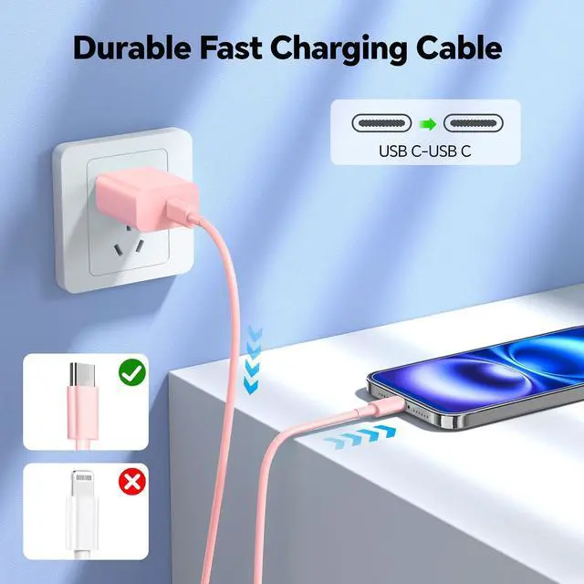 Alt view image 3 of 5 - Riofxqin i Phone Charger Fast Charging, 3Pack 60W 10FT USB C Charging Cable + 20W USB C Wall Charger Block, Compatible with i Phone 15 16 17 Pro/Max/Plus - Pink White Red