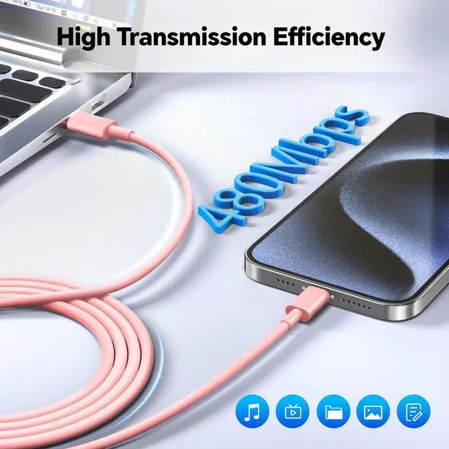 Alt view image 5 of 5 - Riofxqin i Phone Charger Fast Charging, 3Pack 60W 10FT USB C Charging Cable + 20W USB C Wall Charger Block, Compatible with i Phone 15 16 17 Pro/Max/Plus - Pink White Red