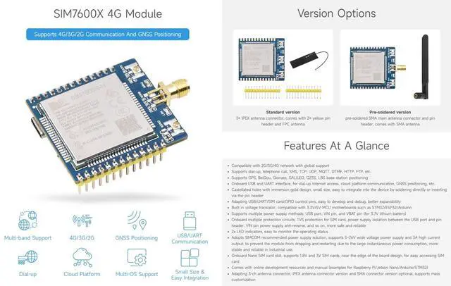 Alt view image 3 of 5 - Waveshare SIM7600G-H 4G Communication Module, Multi-Band Support, Compatible with 4G/3G/2G, with GNSS Positioning-Pre-soldered Version