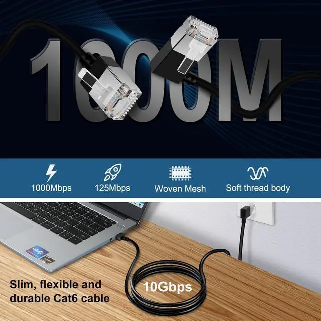 Alt view image 4 of 5 - Dutevolns Ultra Slim 90° Degree Cat 6A Ethernet Cable Left Angled 25 Feet 2Pack, 10Gbps High-Speed Internet Flexible Cable for PC, Router, Ps4/5 (Black)
