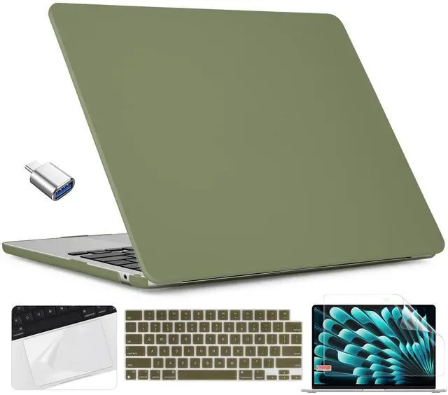 Main image of TWOLSKOO Compatible with M4 MacBook Air 15 inch Case 2025-2023 Release M4 A3241 M3 A3114 M2 A2941, Plastic Hard Shell&Screen Protector&Keyboard Cover&Trackpad Film&Type C Adapter, Avocado Green