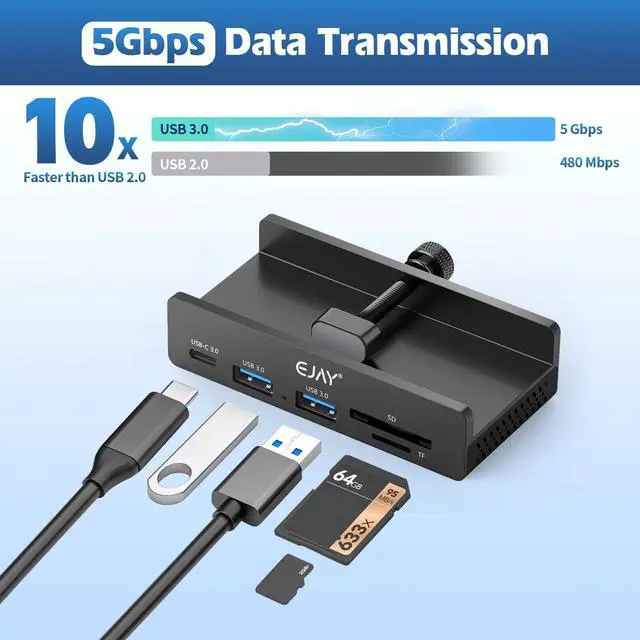 Alt view image 3 of 5 - EJAY 5Ports USB3.0 HUB Alu Splitter Desktop Docking with Card Reader for Desk/Monitor Clipping with Extra Power Supply Port,59inches Data & 39inches Power Cable-5Gbps(Black)