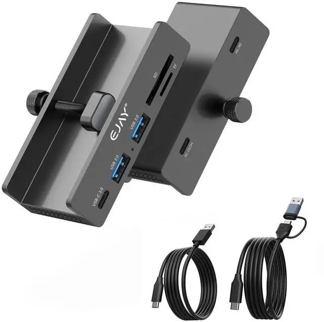 Main image of EJAY 5Ports USB3.0 HUB Alu Splitter Desktop Docking with Card Reader for Desk/Monitor Clipping with Extra Power Supply Port,59inches Data & 39inches Power Cable-5Gbps(Black)