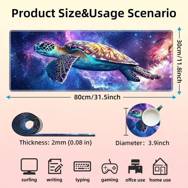 Alt view image 5 of 5 - KUJKBFWJ Large Gaming Mouse Pad with Cup Coaster Set, XL Mousepad Large Desk Pad with Non-Slip Base, Extended Mousemat with Stitched Edges, 31.5 x 11.8 in, Magic Turtle