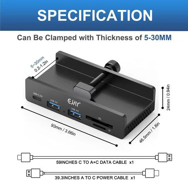 Alt view image 4 of 5 - EJAY 5Ports USB3.0 HUB Alu Splitter Desktop Docking with Card Reader for Desk/Monitor Clipping with Extra Power Supply Port,59inches Data & 39inches Power Cable-5Gbps(Black)