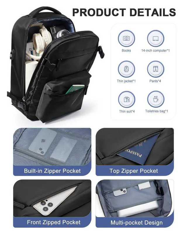 Alt view image 3 of 5 - Lendolk Simple Travel Backpack For Women Men,Laptop Travel Backpack Carry on Flight Approved,Frontier Airlines Personal Item Travel Bag,Waterproof luggage backpack,Mochila de Viaje(Black)