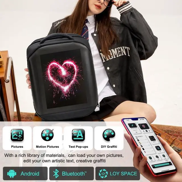 Alt view image 4 of 5 - XQCK LED Backpack with App Control,16 Inch Cool DIY Pixel Art Animation Programmable Screen Laptop Backpack,Travel, Motorcycle Backpack