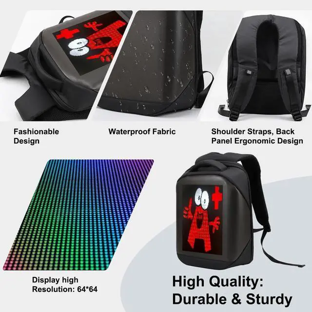 Alt view image 5 of 5 - XQCK LED Backpack with App Control,16 Inch Cool DIY Pixel Art Animation Programmable Screen Laptop Backpack,Travel, Motorcycle Backpack