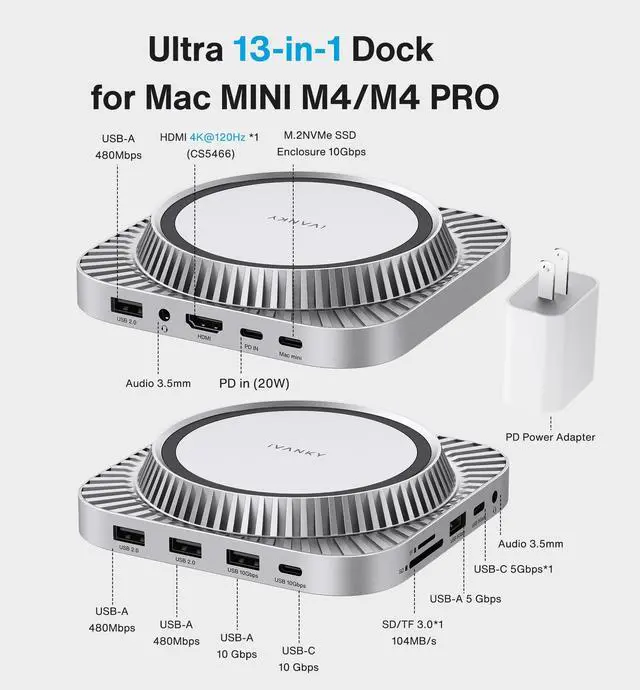 Alt view image 2 of 5 - iVANKY 13-in-1 Mac mini M4 Dock, Ultra Docking Station Stand with M.2 NVMe SSD Enclosure, 4K@120Hz HDMI Hub for Mac mini M4 &M4 Pro (2024), 10 Gbps USB, SD/TE, Audio Ports *2, 20W PD Power Adapter *1