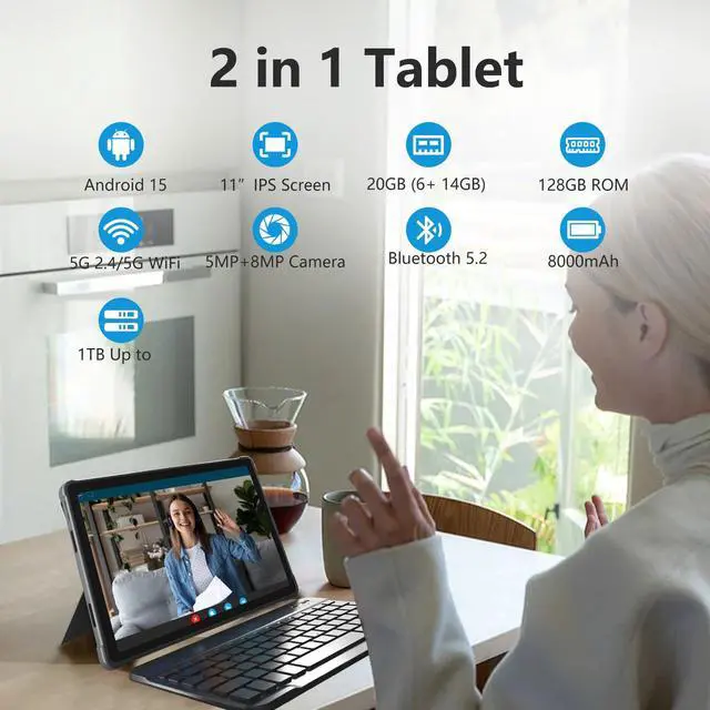 Alt view image 2 of 5 - Iconiotk Android 15 Tablet 11 inch Tablet with Keyboard, 20GB+128GB, 1TB Expand, Octa-Core, 2.4G/5G WiFi, 8000mAh, BT V5.2, IPS Touch Screen, GPS, 2 in 1 with Case, Mouse, Stylus (Silver)