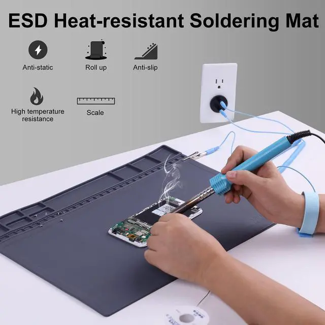 Alt view image 5 of 5 - Anti-Static Mat ESD Safe for Electronic Includes ESD Wristband and Grounding Wire, HPFIX Silicone Soldering Repair Mat 932°F Heat Resistant for iPhone iPad iMac, Laptop, Computer, 15.9 x 12 Grey