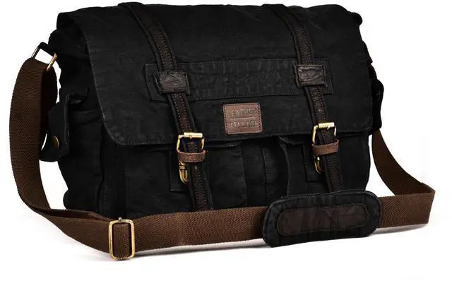 Main image of LEATHER VILLAGE Vintage Canvas Messenger Bag  16 Inch Handmade Laptop Shoulder Bag for Men & Women  Crossbody Work Bag for Office, Travel & Daily Use - Black