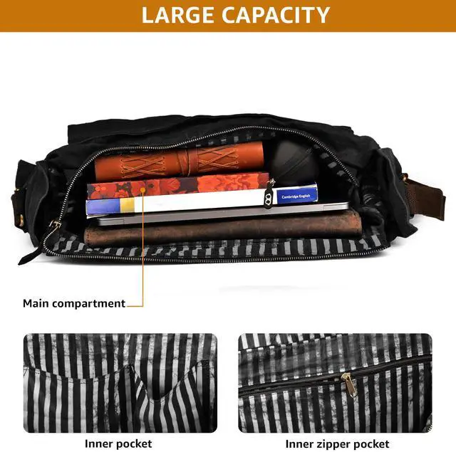 Alt view image 2 of 5 - LEATHER VILLAGE Vintage Canvas Messenger Bag  16 Inch Handmade Laptop Shoulder Bag for Men & Women  Crossbody Work Bag for Office, Travel & Daily Use - Black