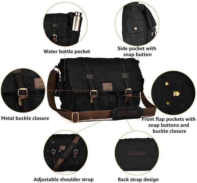 Alt view image 3 of 5 - LEATHER VILLAGE Vintage Canvas Messenger Bag  16 Inch Handmade Laptop Shoulder Bag for Men & Women  Crossbody Work Bag for Office, Travel & Daily Use - Black