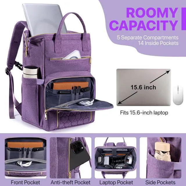 Alt view image 2 of 5 - Xocvji Lunch Backpack for Women, Laptop Backpack Fits 15.6 Inch, Insulated Cooler Backpacks with Lunch Box, Nurse/Teacher/Work Bag for Travel Beach Camping Picnics Womens Gifts, Purple