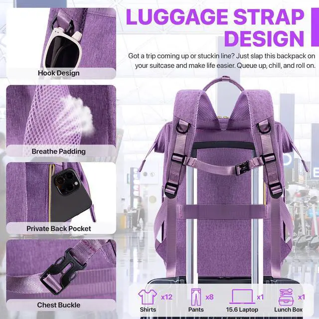 Alt view image 5 of 5 - Xocvji Lunch Backpack for Women, Laptop Backpack Fits 15.6 Inch, Insulated Cooler Backpacks with Lunch Box, Nurse/Teacher/Work Bag for Travel Beach Camping Picnics Womens Gifts, Purple