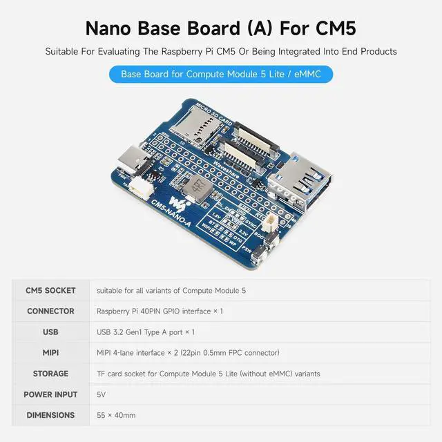 Alt view image 3 of 5 - Waveshare Nano Base Board (A), Compatible with Raspberry Pi Compute Module 5, Base Board for CM5 Lite/eMMC, with Multiple Peripheral Interfaces
