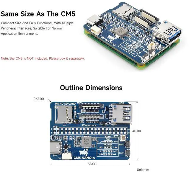 Alt view image 4 of 5 - Waveshare Nano Base Board (A), Compatible with Raspberry Pi Compute Module 5, Base Board for CM5 Lite/eMMC, with Multiple Peripheral Interfaces