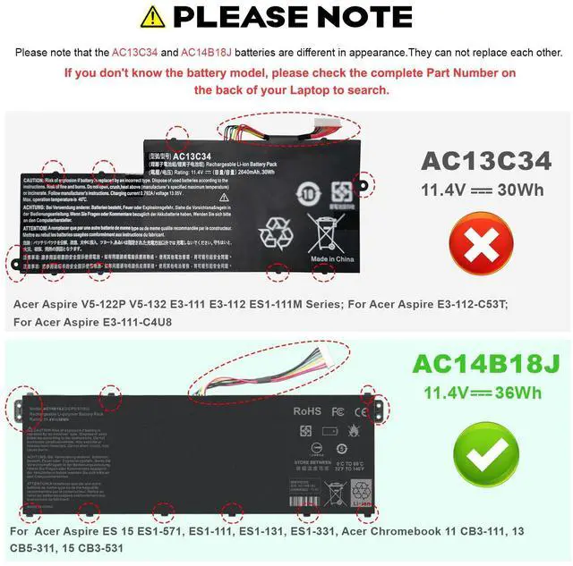 Alt view image 2 of 5 - TREE.NB AC14B18J Battery for Acer Chromebook 13 CB5-311 Acer TravelMate B115-M B115-MP Acer Aspire E3-111 / V3-111 / V3-111P / V5-122 /V5-122P / V5-132 / V5-132P