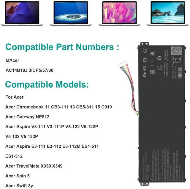 Alt view image 3 of 5 - TREE.NB AC14B18J Battery for Acer Chromebook 13 CB5-311 Acer TravelMate B115-M B115-MP Acer Aspire E3-111 / V3-111 / V3-111P / V5-122 /V5-122P / V5-132 / V5-132P