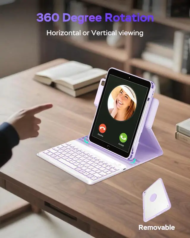 Alt view image 3 of 5 - Senyoson Case for iPad 9th/8th/7th Generation with Keyboard 10.2 Inch,360° Rotatable Magnetic Keyboard Case,Pencil Holder&Grooves Design,7 Color Backlit Detachable Wireless Keyboard(Purple)