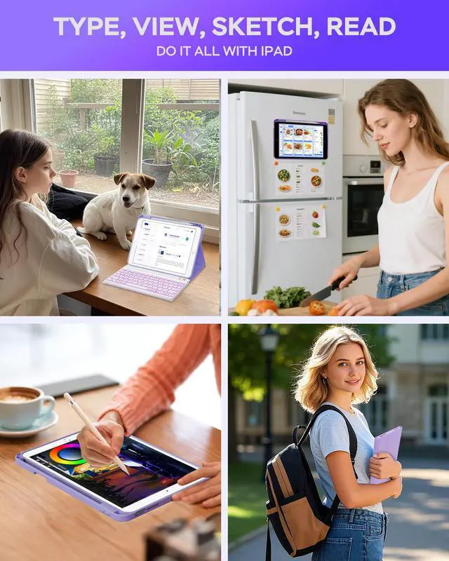 Alt view image 5 of 5 - Senyoson Case for iPad 9th/8th/7th Generation with Keyboard 10.2 Inch,360° Rotatable Magnetic Keyboard Case,Pencil Holder&Grooves Design,7 Color Backlit Detachable Wireless Keyboard(Purple)