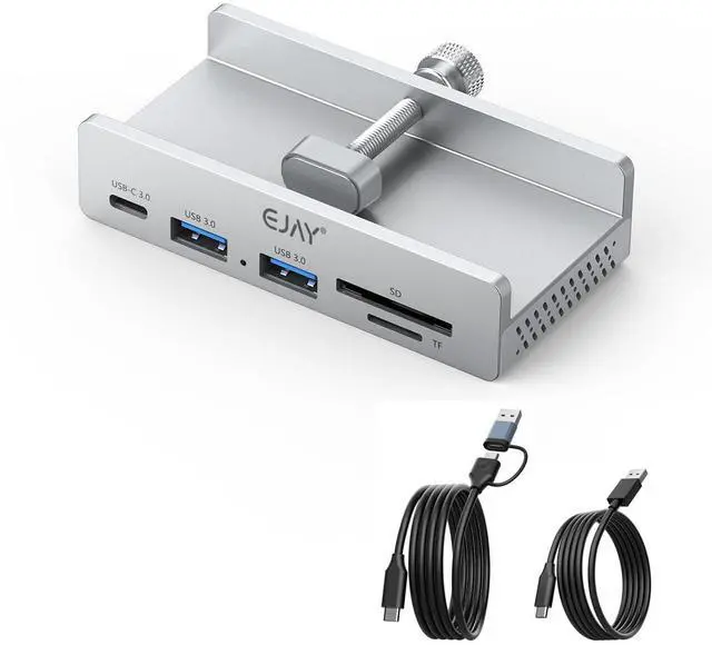 Main image of EJAY 5-Port USB 3.0 Hub with Card Reader & Clamp Aluminum Desktop Docking Station with 5Gbps Speed for PC Mac Laptop, 59inches Data and 39inches Power Cable