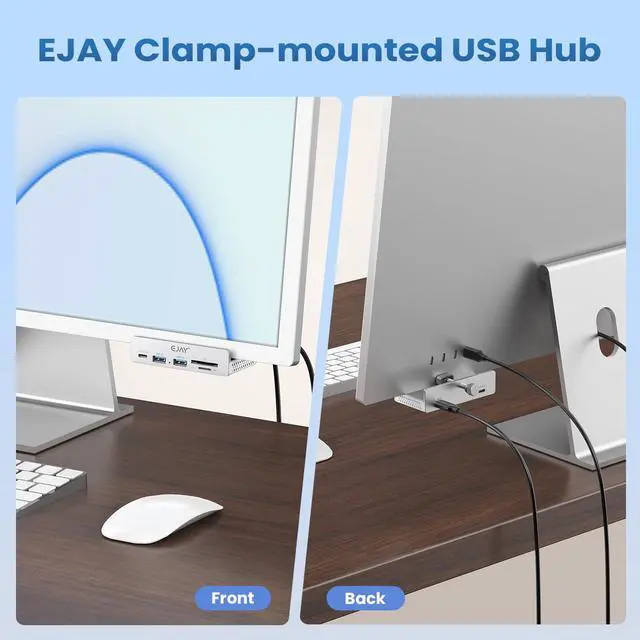 Alt view image 2 of 5 - EJAY 5-Port USB 3.0 Hub with Card Reader & Clamp Aluminum Desktop Docking Station with 5Gbps Speed for PC Mac Laptop, 59inches Data and 39inches Power Cable