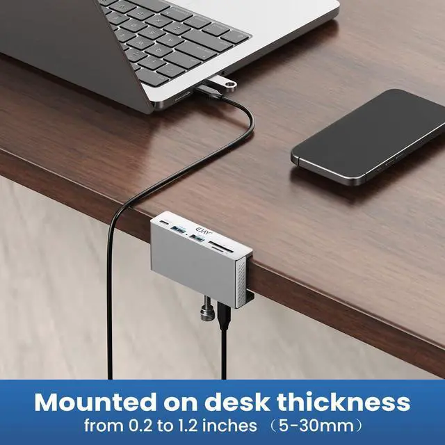 Alt view image 4 of 5 - EJAY 5-Port USB 3.0 Hub with Card Reader & Clamp Aluminum Desktop Docking Station with 5Gbps Speed for PC Mac Laptop, 59inches Data and 39inches Power Cable