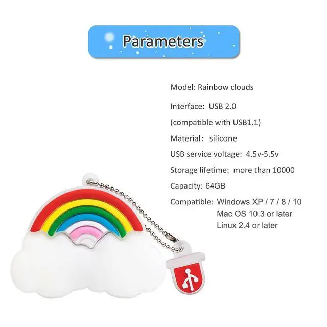 Alt view image 4 of 5 - BorlterClamp 64GB USB Flash Drive Cute Cartoon Rainbow Cloud Model Memory Stick, Gift for Students and Children